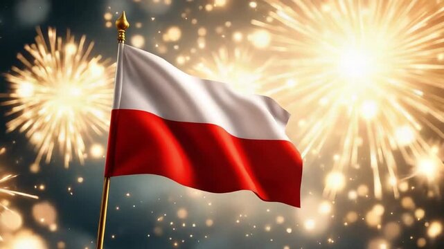 Polish Flag Waving with Golden Fireworks in the Night Sky