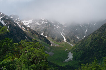 Obraz premium Snow mountain valley mist forest river landscape green alpine peak, snow mountain valley with mist, forest, river, and green alpine slope under cloudy sky in remote wilderness scenery