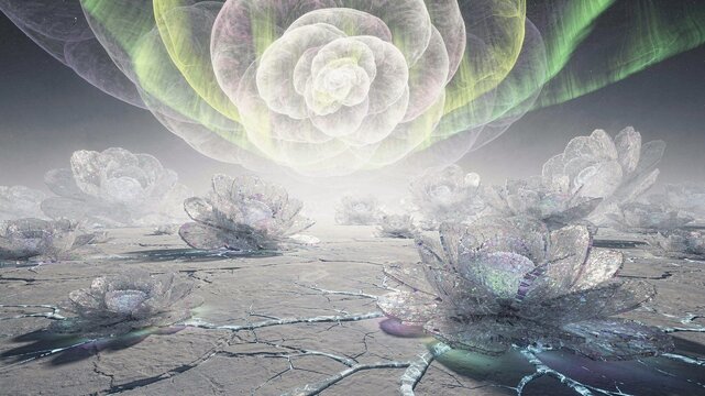 Surreal Antimatter Bloom Tundra Beneath a Fractal Noon Aurora Dome｜フラクタル正午オーロラの下に広がる超現実の反物質花原