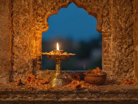 Brass Oil Lamp and Marigold Petals on Ornate Stone Windowsill at Dusk｜夕暮れの石造り窓辺を飾る真鍮のオイルランプとマリーゴールド