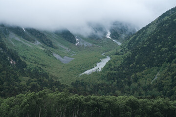 Obraz premium Mountain valley forest mist cloud river waterfall alpine landscape green mountain valley with forest, misty cloud, winding river, waterfall, and rugged slope under overcast sky
