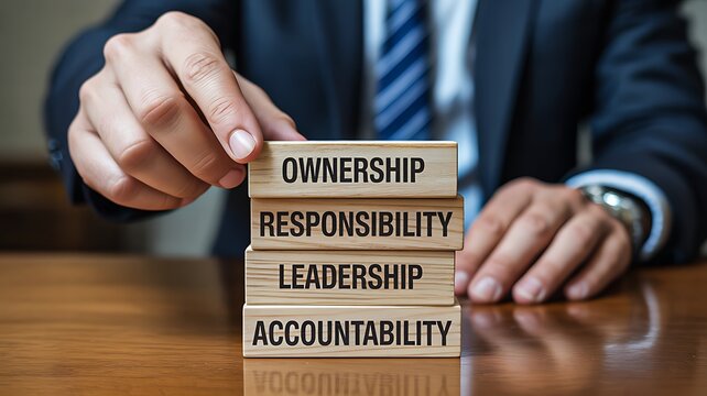 Business leadership and accountability concept with executive arranging responsibility blocks in a corporate office