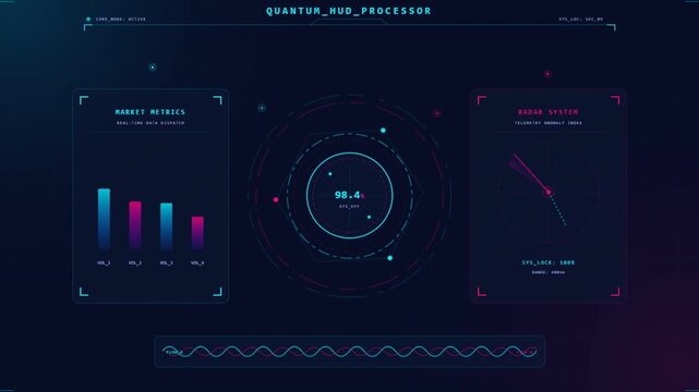 Futuristic Digital Data Analytics Dashboard with Glowing UI Elements and Quantum Information Display.