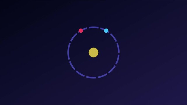 Abstract atomic orbit animation with rotating particles and central nucleus on dark 4k background rotation