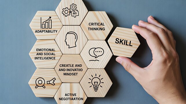 Essential skills concept with hand selecting skill card and professional development abilities