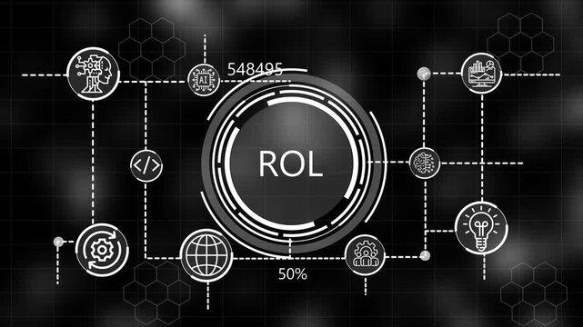  A glowing icon, and manufacturing process ROL all connected in a digital circuit like pattern. dark tech setting shows smart technology,  interface, marketing strategy.