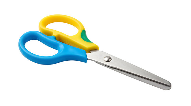 Colorful safety scissors with blue and yellow handles, stainless steel craft scissors for kids, school supplies on white background