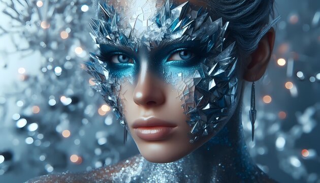 An avant-garde face with blue crystalline textures and silver geometric accents, Ai generated image