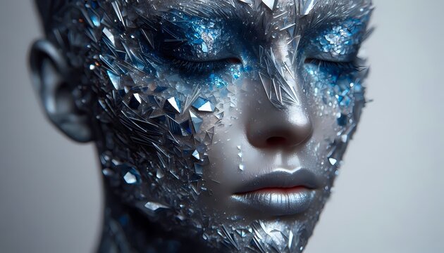 An avant-garde face with blue crystalline textures and silver geometric accents, Ai generated image