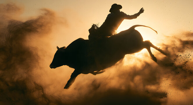 A silhouetted bull and rider in mid-air during a rodeo, dust and backlight add cinematic drama.