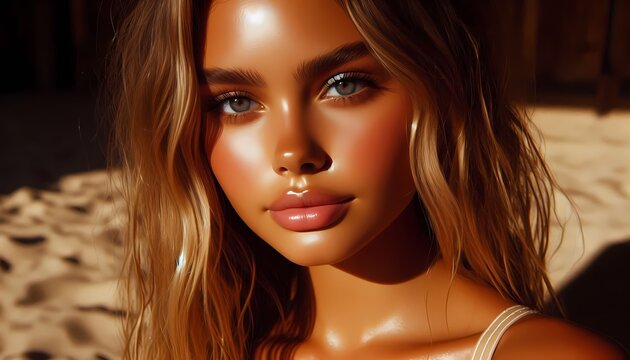A sun-drenched face with bronzed skin and bare satin lips, Ai generated image