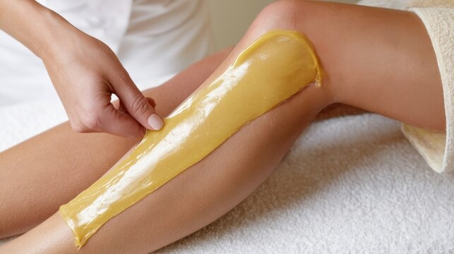 Hand applies warm wax strip to lower leg during hair removal. Smooth treatment covers skin over white towel in close up view