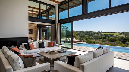 Fototapeta premium Modern luxury living room with panoramic windows overlooking a green countryside landscape