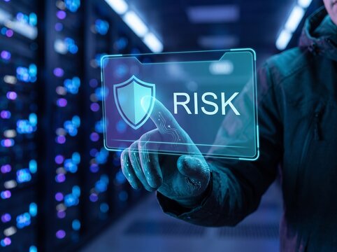 Cybersecurity engineer touches a glowing digital interface displaying a shield icon and risk warning inside a dark server farm room