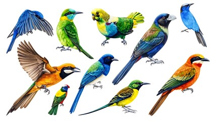 Obraz premium Vibrant tropical birds perched on branches.