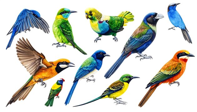 Vibrant tropical birds perched on branches.