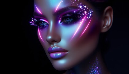 Obraz premium An avant-garde makeup look with purple neon gradients and silver holographic stars, Ai generated image