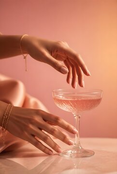 Woman Reaching for Pink Cocktail in Glass with Perfect Nails