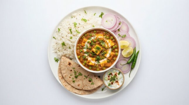 Top Down Food Photography Indian Matar Paneer White Plate Rice

