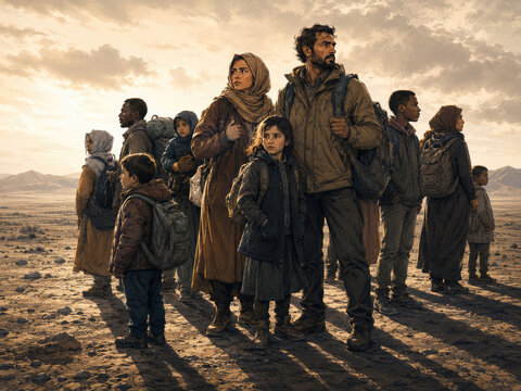 Refugee Families Displaced by Conflict Seeking Safety and Asylum