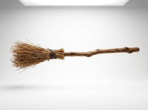 Rustic wooden broom with dry straw bristles floating against a clean white background captured in professional studio soft lighting setup