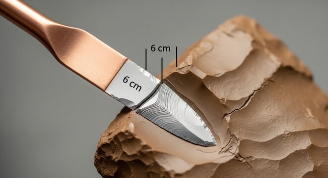 Ancient stone tool being precisely measured with a vintage brass ruler