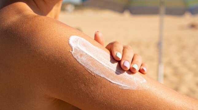 Woman applying sunscreen cream on her shoulder at the beach for UV protection