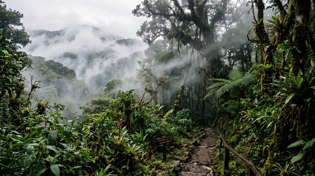 Misty cloud forest trail in Costa Rica