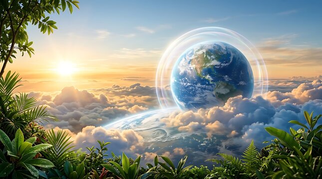 Earth with Protective Ozone Layer Rings for World Ozone Day