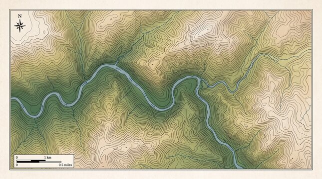 Topographic map of a winding river canyon valley with elevation contour lines