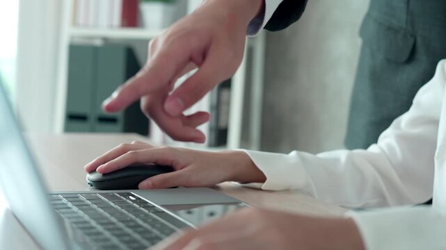 Manager or senior sexually harassed a female colleague by touch her hand. Sexual harassment in office. feel anxious and stressed from being harassed. molest, assault, inappropriate, discrimination