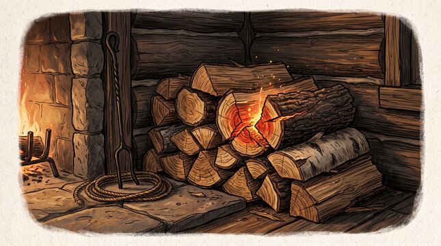 Cozy winter scene illustration featuring a stack of firewood glowing with warm embers inside a rustic log cabin fireplace