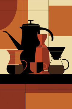 Earthy Tone Flat Vector Illustration of Coffee Brewing Equipment Silhouette