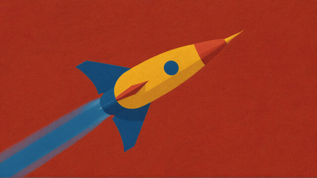 Retro flat illustration of a yellow and blue rocket launching diagonally across a red textured background