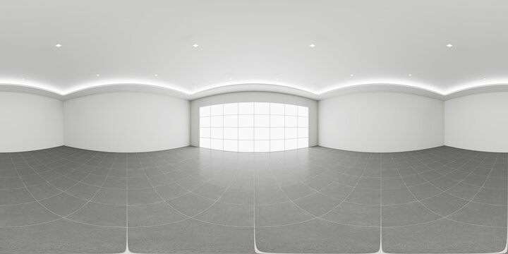 360 degree vr panorama of empty interior featuring dark tiled floor, virtual reality environment, equirectangular projection, immersive 3d rendering, showroom visualization, real estate background.