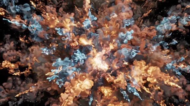 Abstract explosion of glowing blue and golden orange light particles against a dark black background