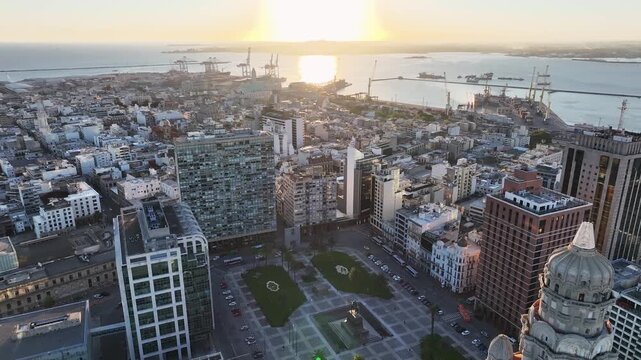 Sunset Montevideo Skyline At Montevideo In Maldonado Uruguay. Medieval Buildings Scenery. Sunset Cityscape. Cultural Heritage Skyline. Montevideo Skyline At Montevideo In Maldonado Uruguay.