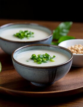 Two bowls of fresh green peas on wooden table.