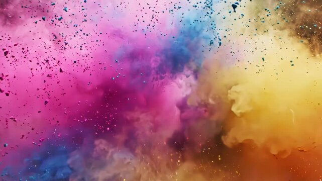 Abstract colorful powder explosion with particles on black background