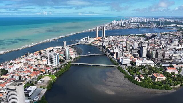 Recife Skyline In Recife In Pernambuco Brazil. Downtown District. Riverfront Landscape. Beautiful Cityscape. Recife Skyline In Pernambuco Brazil Northeastern. Stunning High Angle View Scene.