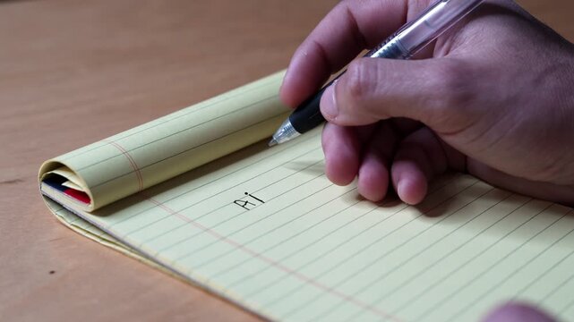 Close-up of a person's hand using a black pen to write AI Strategy on a yellow legal notepad. The handwritten tech business planning notes sit on a wooden desk inside a modern office workspace.