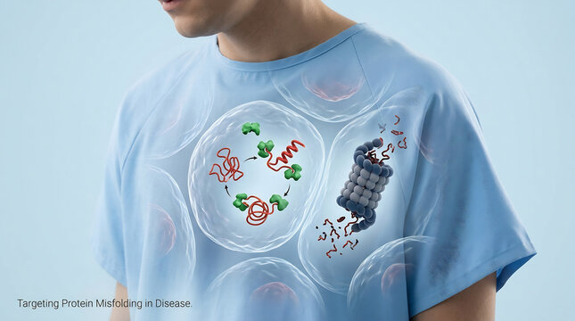 Conceptual 3D medical illustration of protein misfolding and