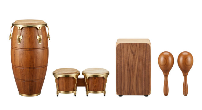 Set of traditional acoustic percussion instruments including conga bongo cajon maracas