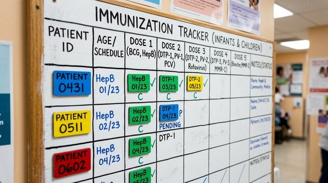 Immunization tracking wall board with movable tiles tracking dose completion