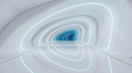 Obraz premium Abstract 3D tunnel concept with white curved walls and glowing blue neon light. Futuristic architectural perspective, minimalist interior design, hyperrealistic rendering for technology and