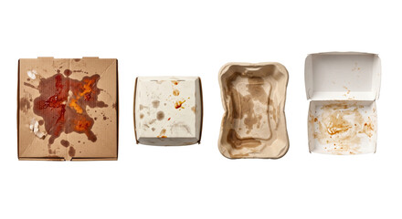 Dirty oily paper takeout food containers and pizza box set