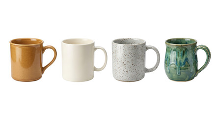 Collection of handcrafted ceramic coffee mugs with unique glazes