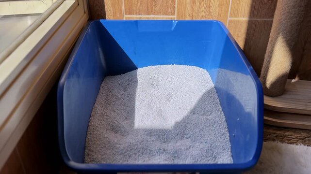 Empty blue litter tray filled with clean granules sits beside a sunlit window in a home interior, showing a tidy indoor pet hygiene setup.