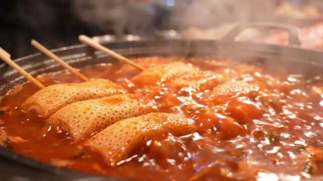 Korean Street Food Boiling in Spicy Broth. 4K Video