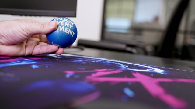 Close-up of a hand squeezing a blue stress ball reading "Enjoy Every Moment" on a colorful mousepad at an office desk. A computer monitor and blurred modern office environment are in the background.